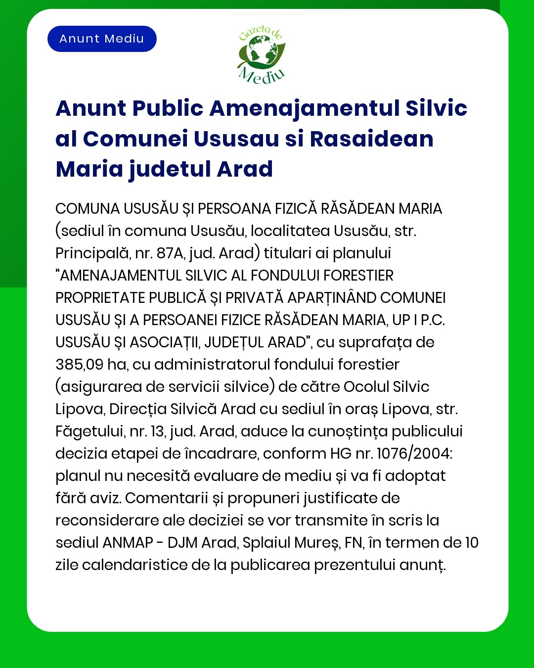 Anunt Public Amenajamentul Silvic al Comunei Ususau si Rasaidean Maria