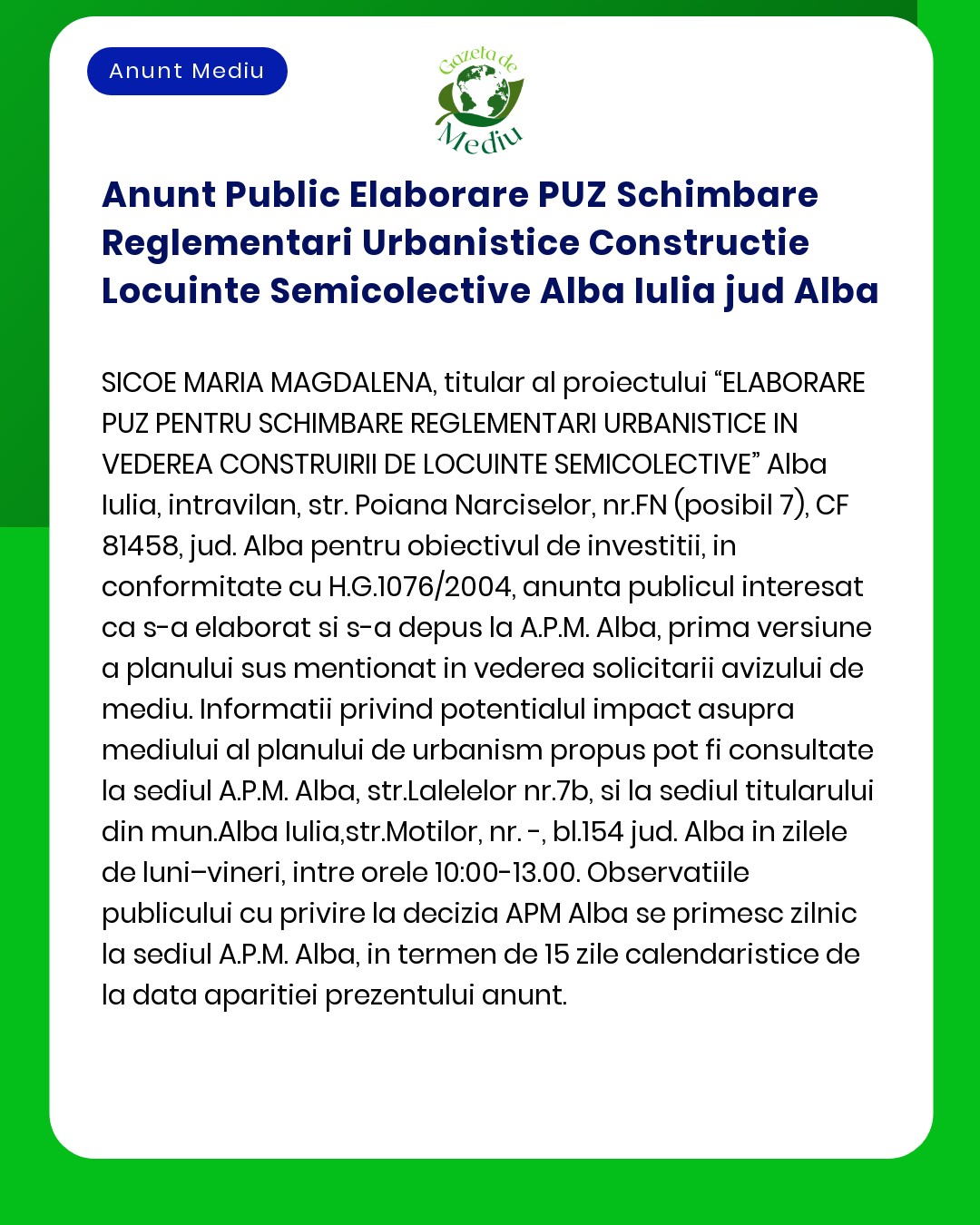 Anunt Public Elaborare PUZ Schimbare Reglementari Urbanistice Construc