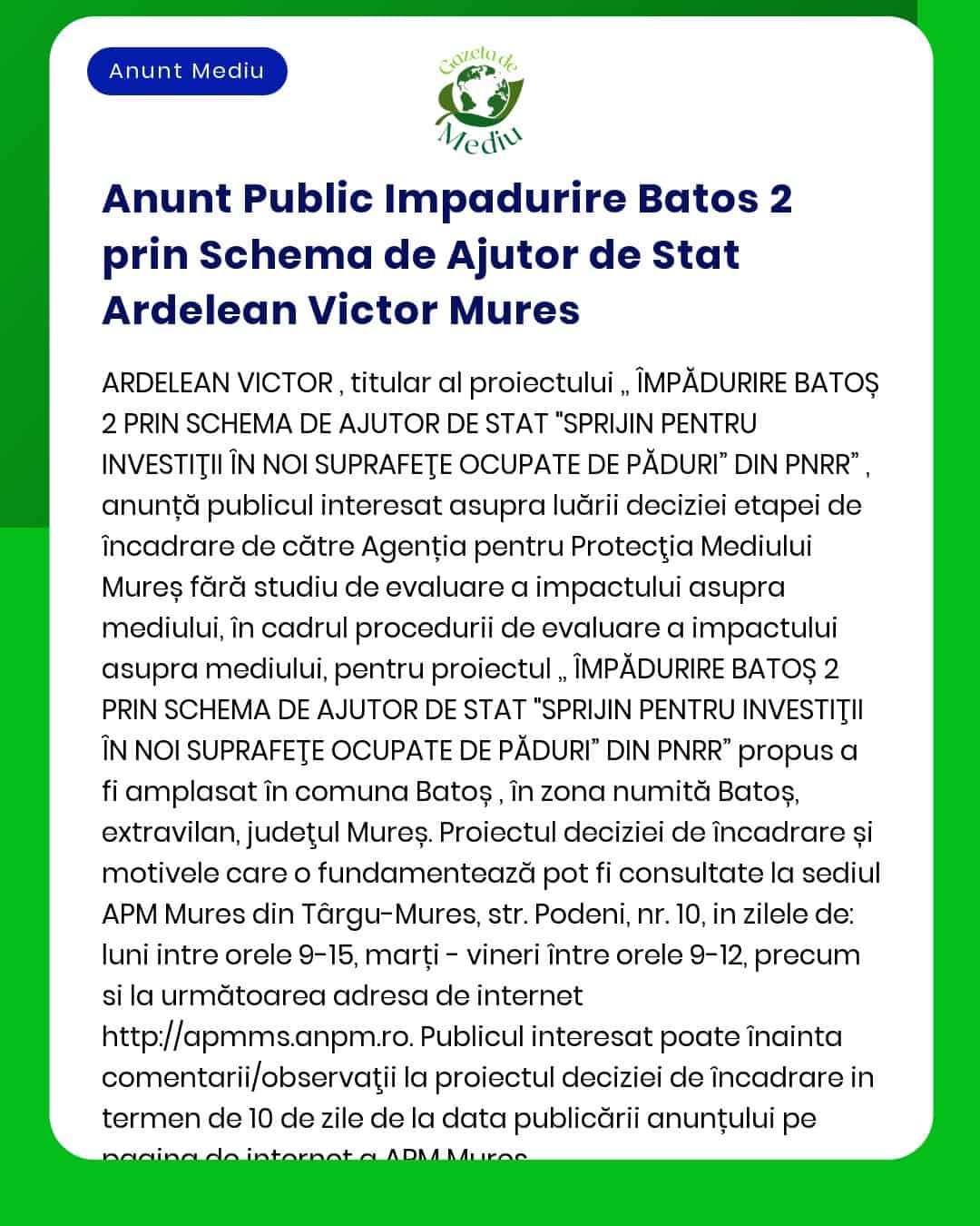 Anunt Public Impadurire Batos 2 Prin Schema de Ajutor de Stat Ardelean