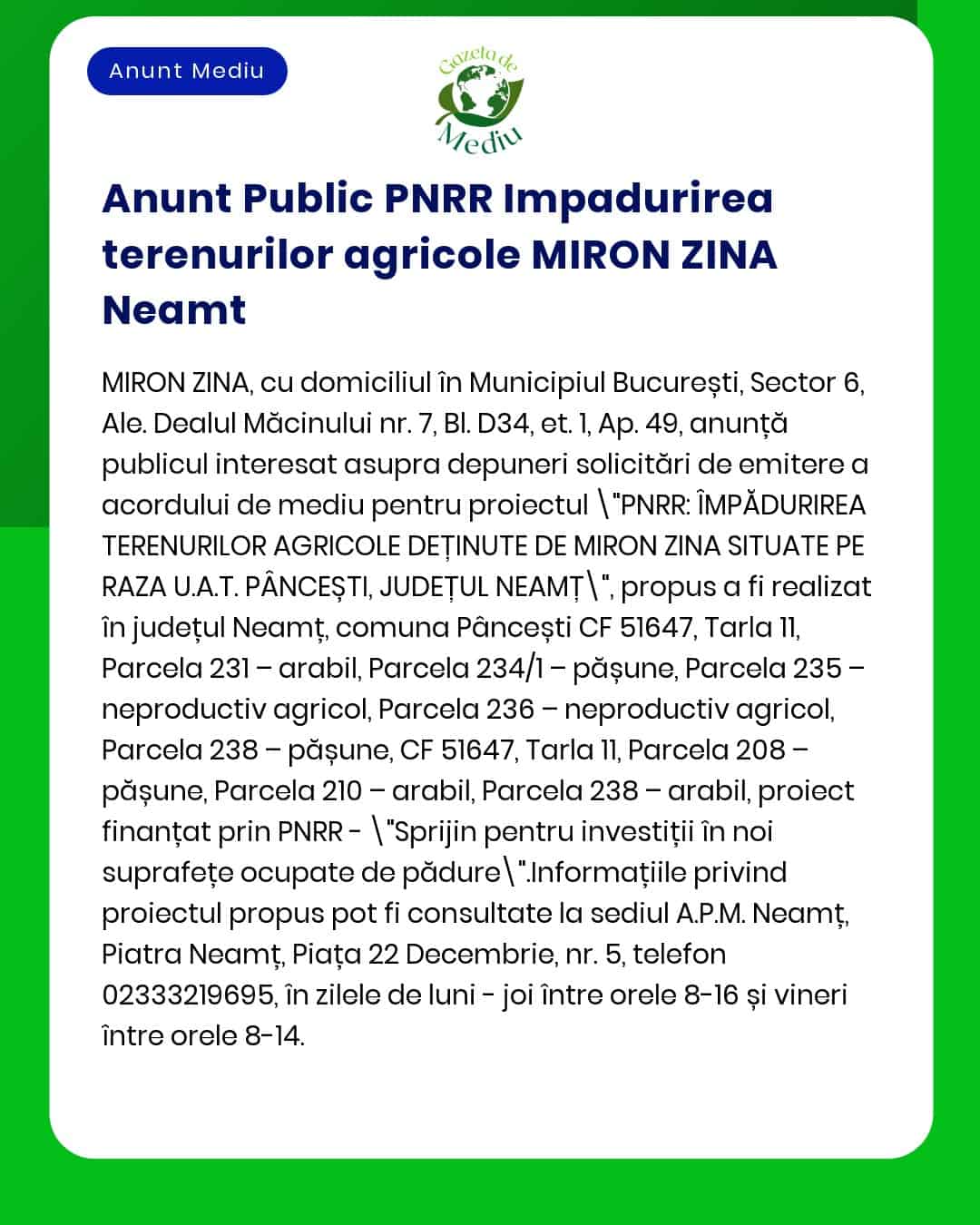 Anunt Public PNRR Impadurirea terenurilor agricole MIRON ZINA Neamt