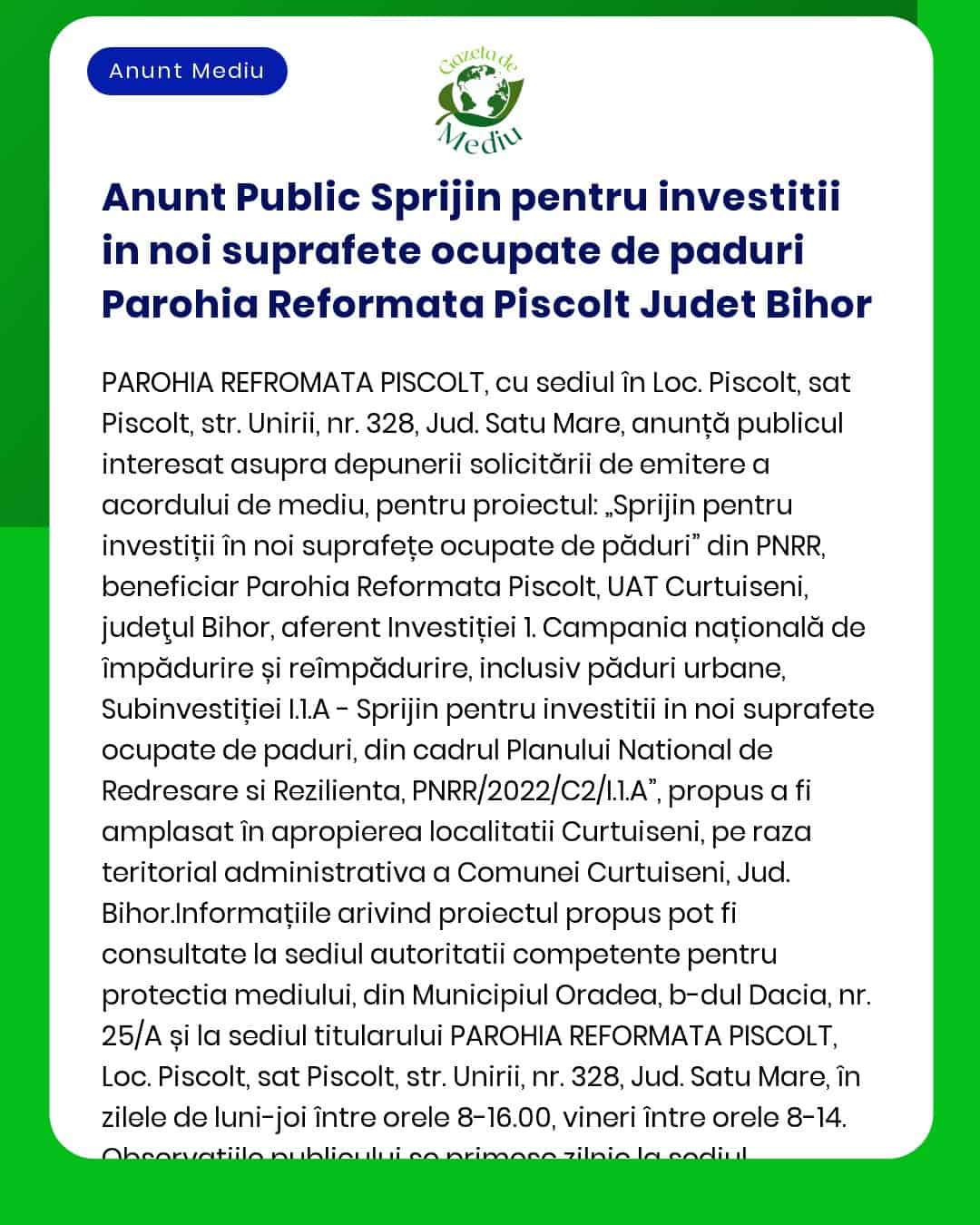 Anunt Public Sprijin pentru investitii in noi suprafete ocupate de pad