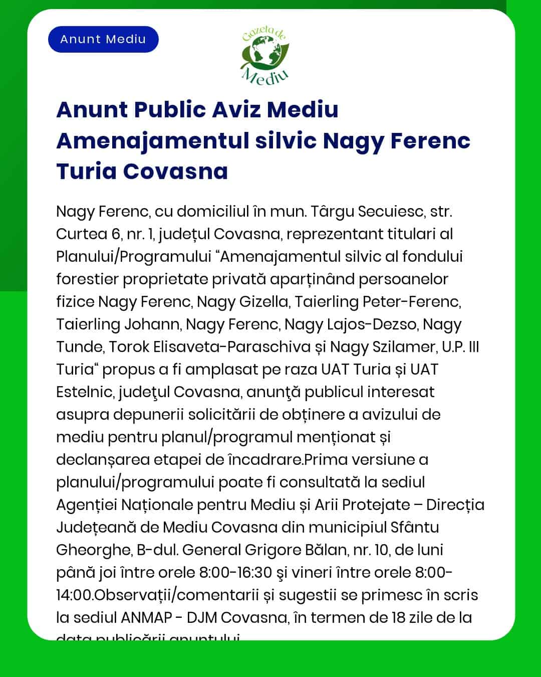 Nagy Ferenc titular anunță depunerea solicitării de emitere a acordului de mediu pentru proiectul 'Construire casă de locuit' propus a fi amplasat în județul Covasna municipiul Târgu Secuiesc str Kossuth Lajos nr 18