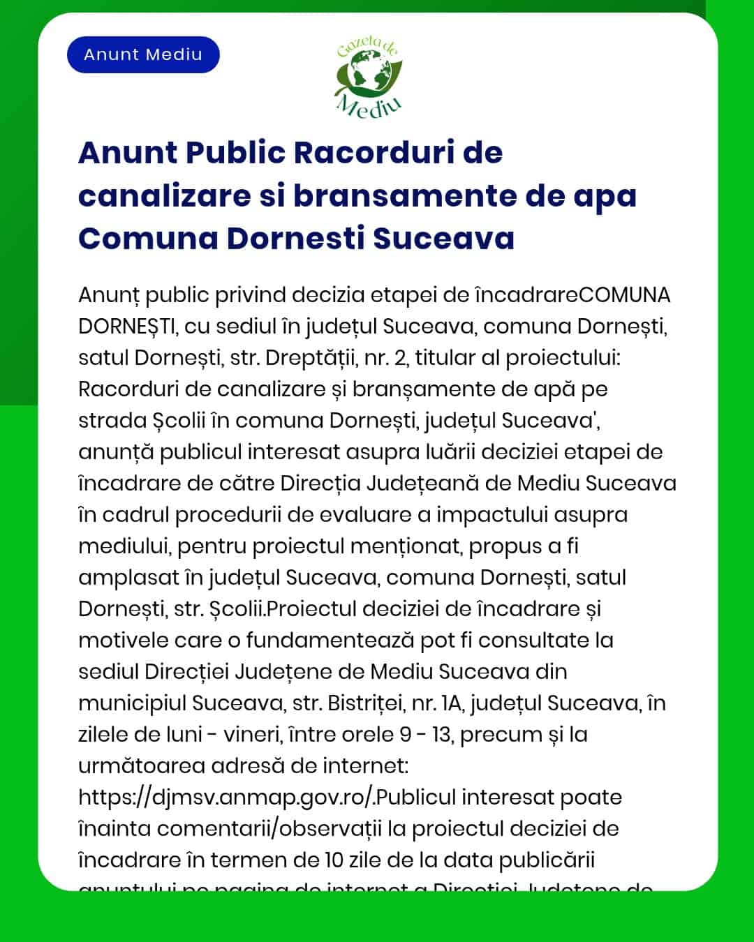 Anunț privind intenția de realizare a branșamentelor la rețeaua de alimentare cu apă și canalizare în comuna Dornești județul Suceava