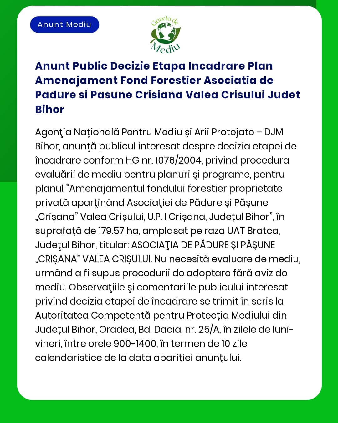 Anunt Public Decizie Etapa Incadrare Plan Amenajament Fond Forestier A