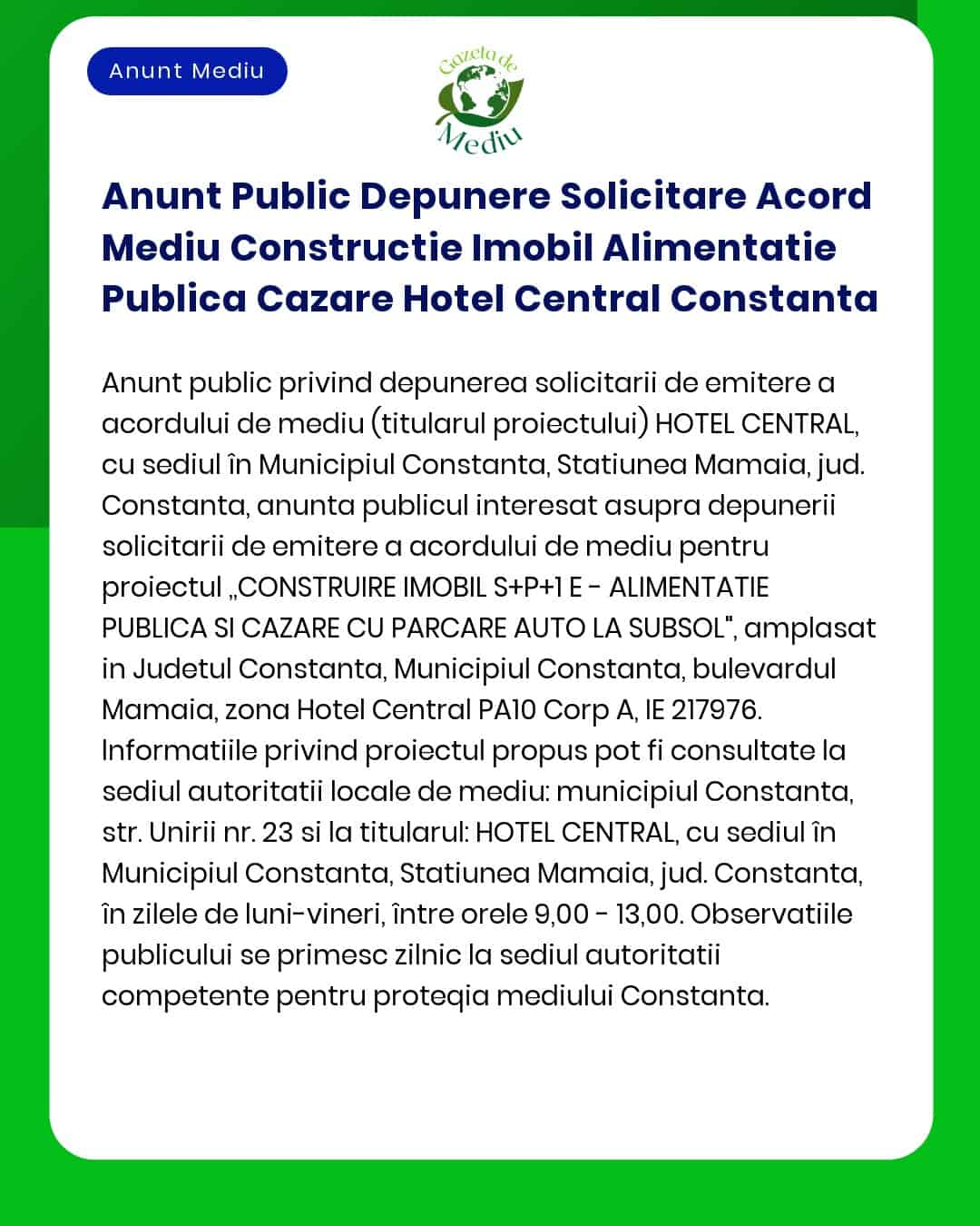 Anunt Public Depunere Solicitare Acord Mediu Constructie Imobil Alimen