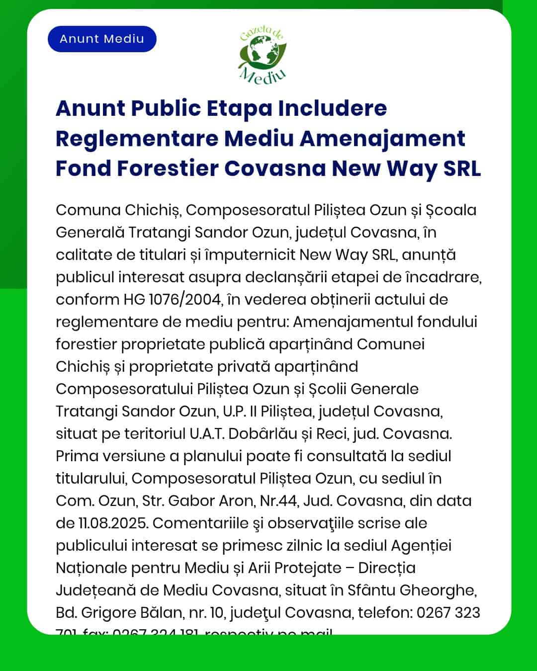 Anunt Public Etapa Includere Reglementare Mediu Amenajament Fond Fores