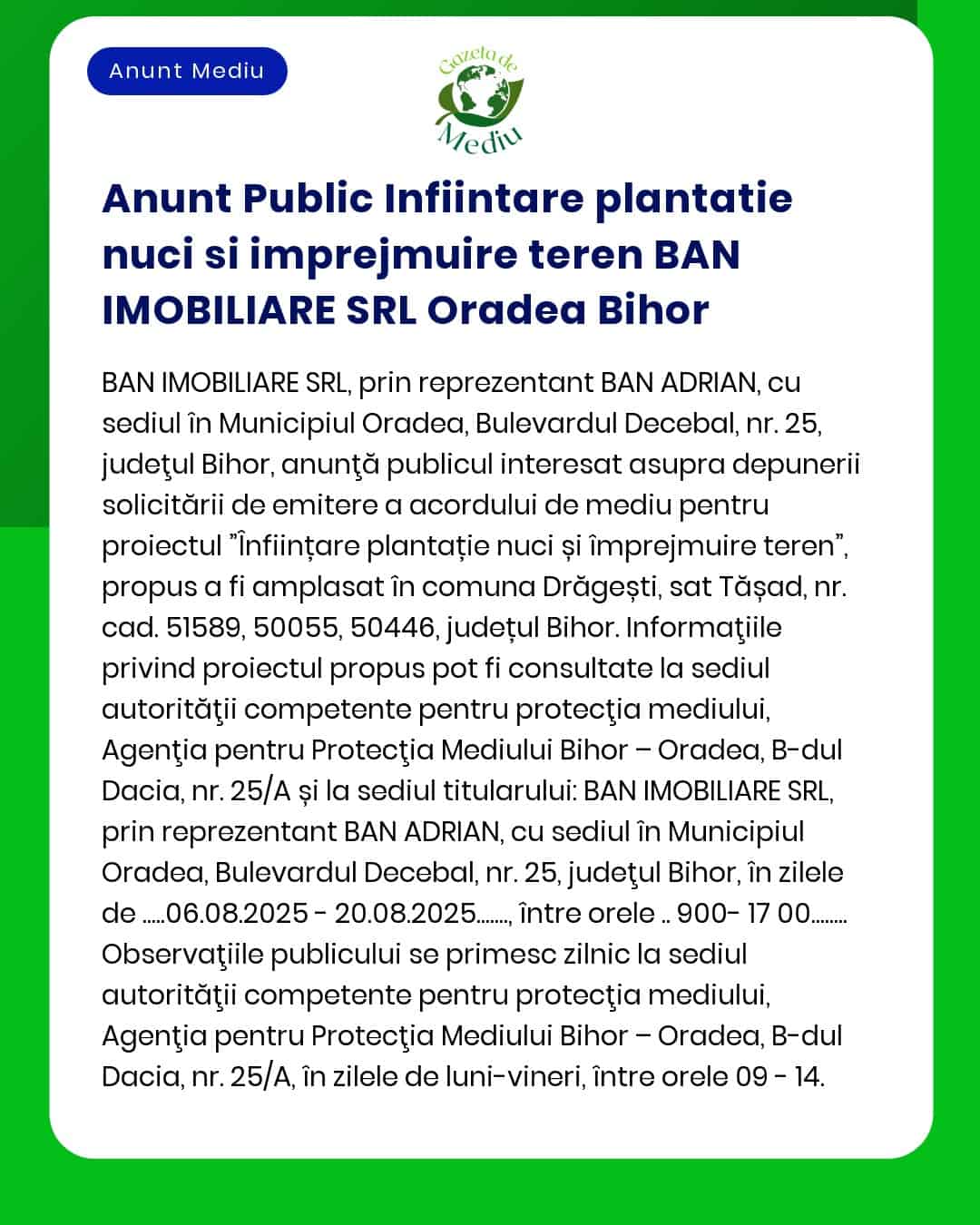Anunt Public Infiintare plantatie nuci si imprejmuire teren BAN IMOBIL