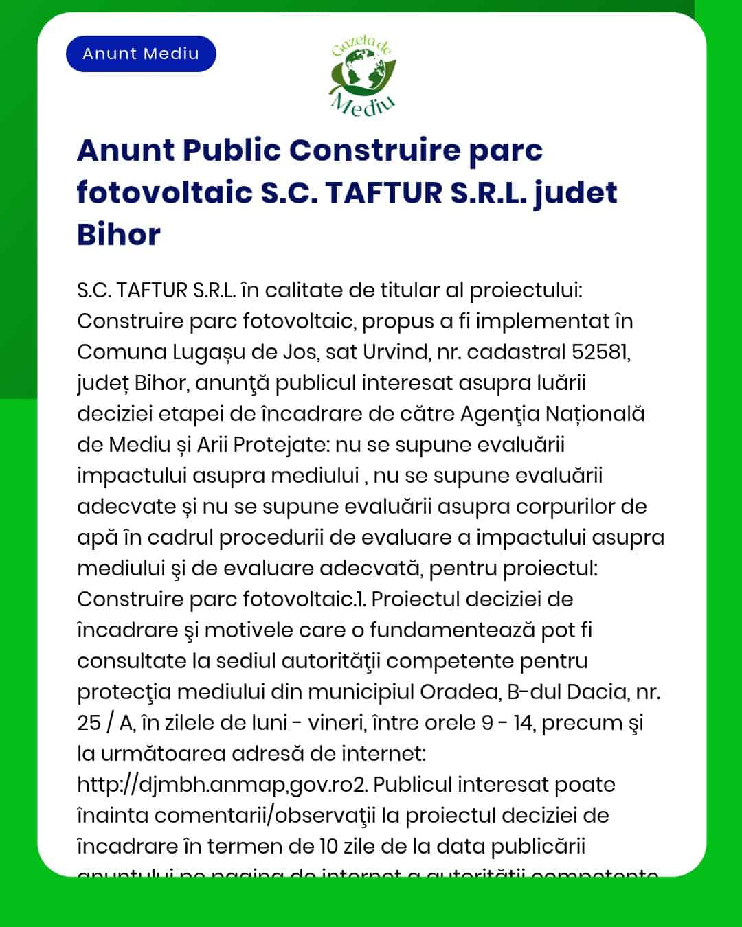 APM anunță decizia etapei de încadrare pentru proiectul 'Construire parc fotovoltaic' propus de SC TAFTUR SRL județul Bihor