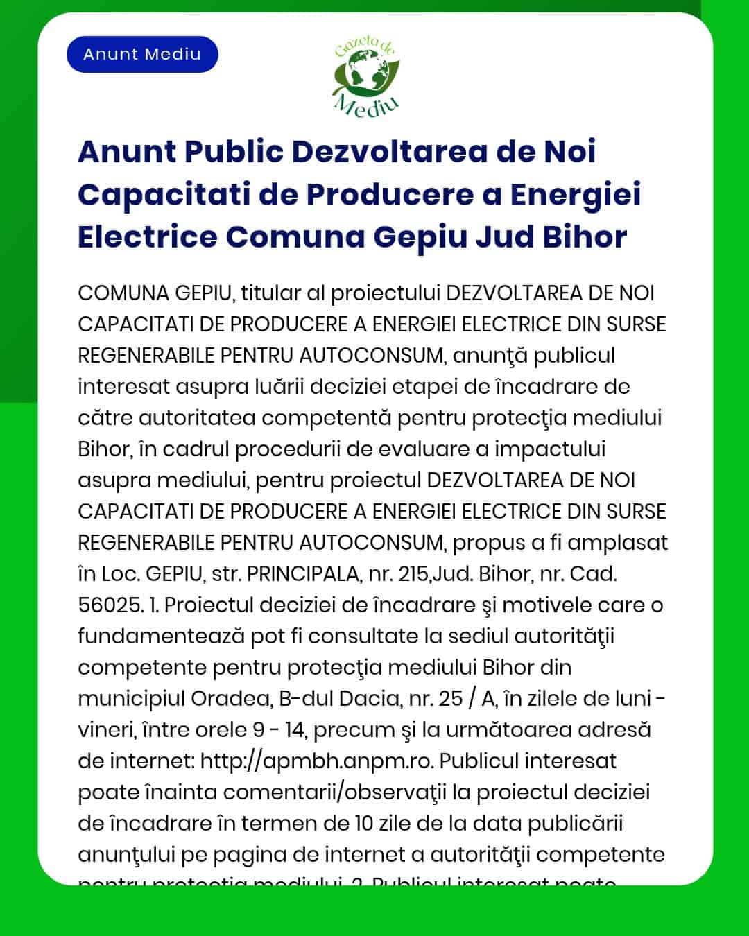 Dezvoltarea de noi capacități de producere a energiei electrice din surse regenerabile în localitatea Gepiu județul Bihor