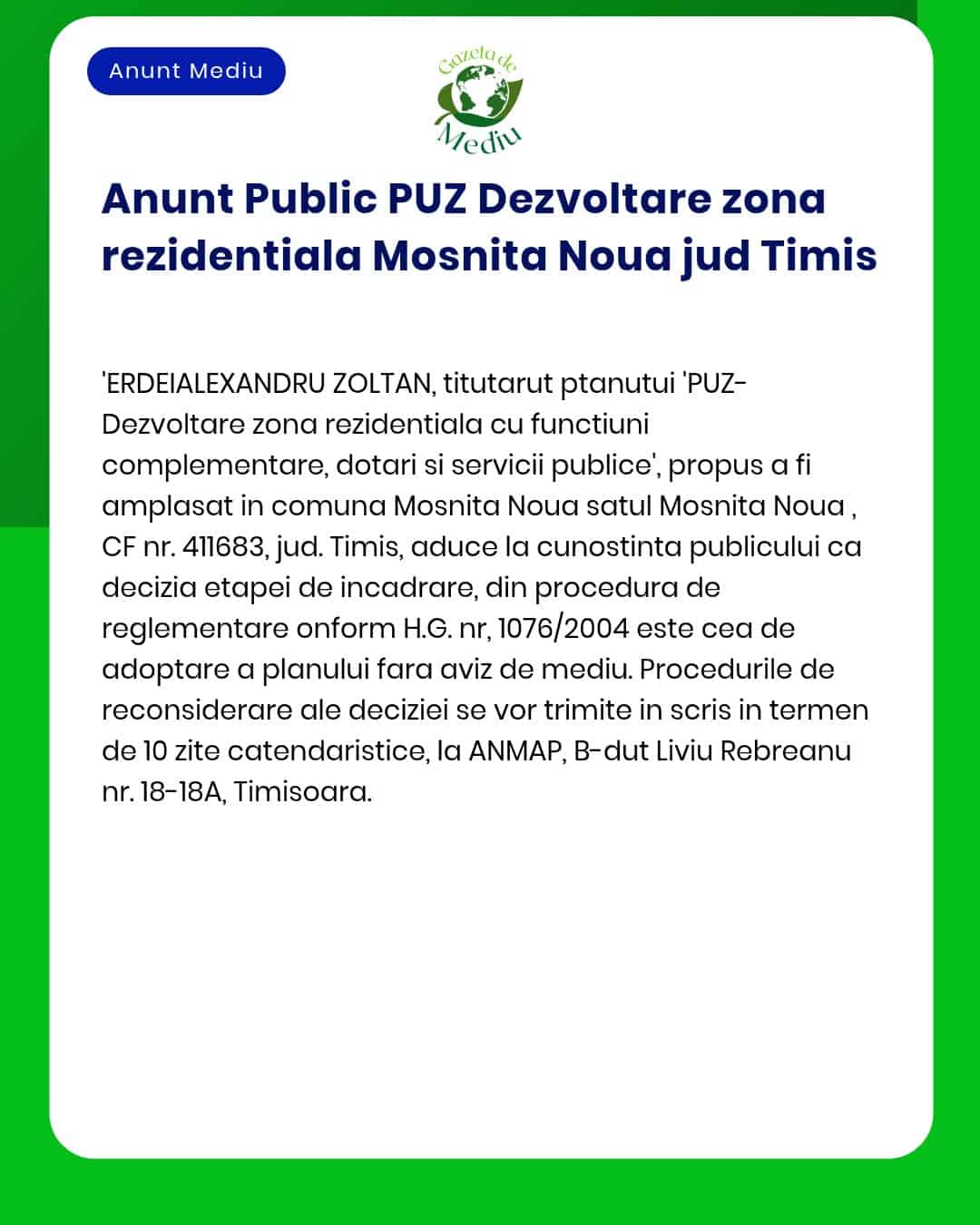 APM Timiș anunță elaborarea documentației pentru zona de dezvoltare rezidențială în Moșnița Nouă jud Timiș
