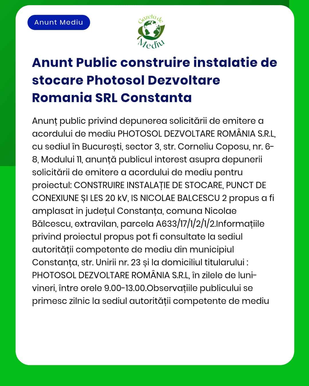 PHOTOSOL DEZVOLTARE ROMÂNIA SRL anunță intenția realizării unui depozit în municipiul Constanța