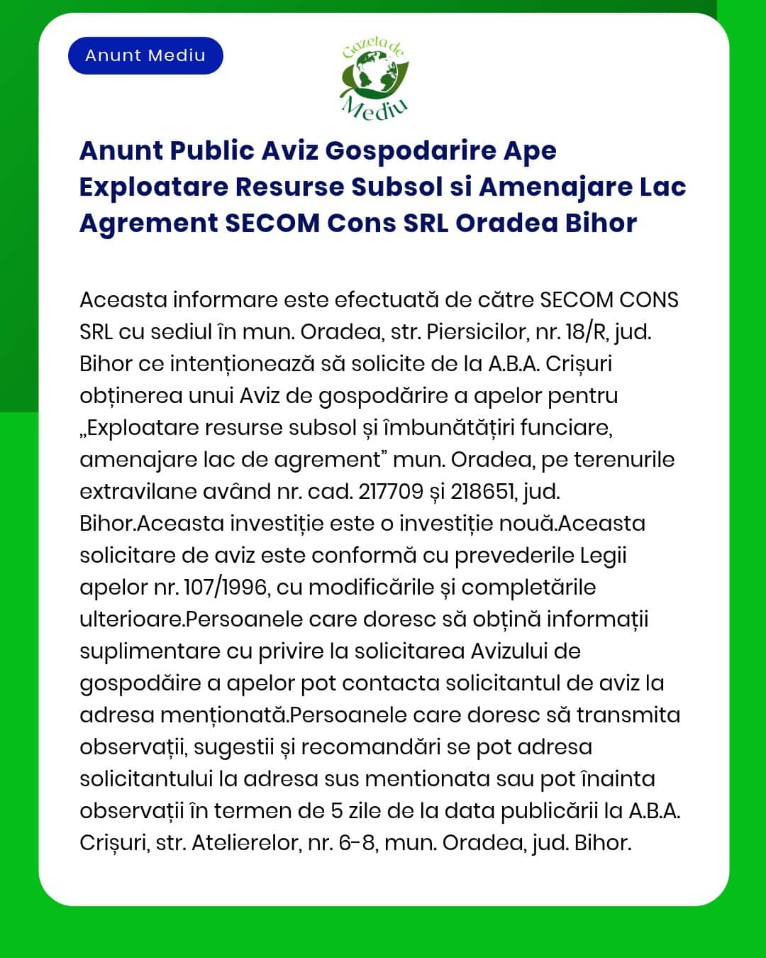 Anunt Public Aviz Gospodarire Ape Exploatare Resurse Subsol si Amenaja
