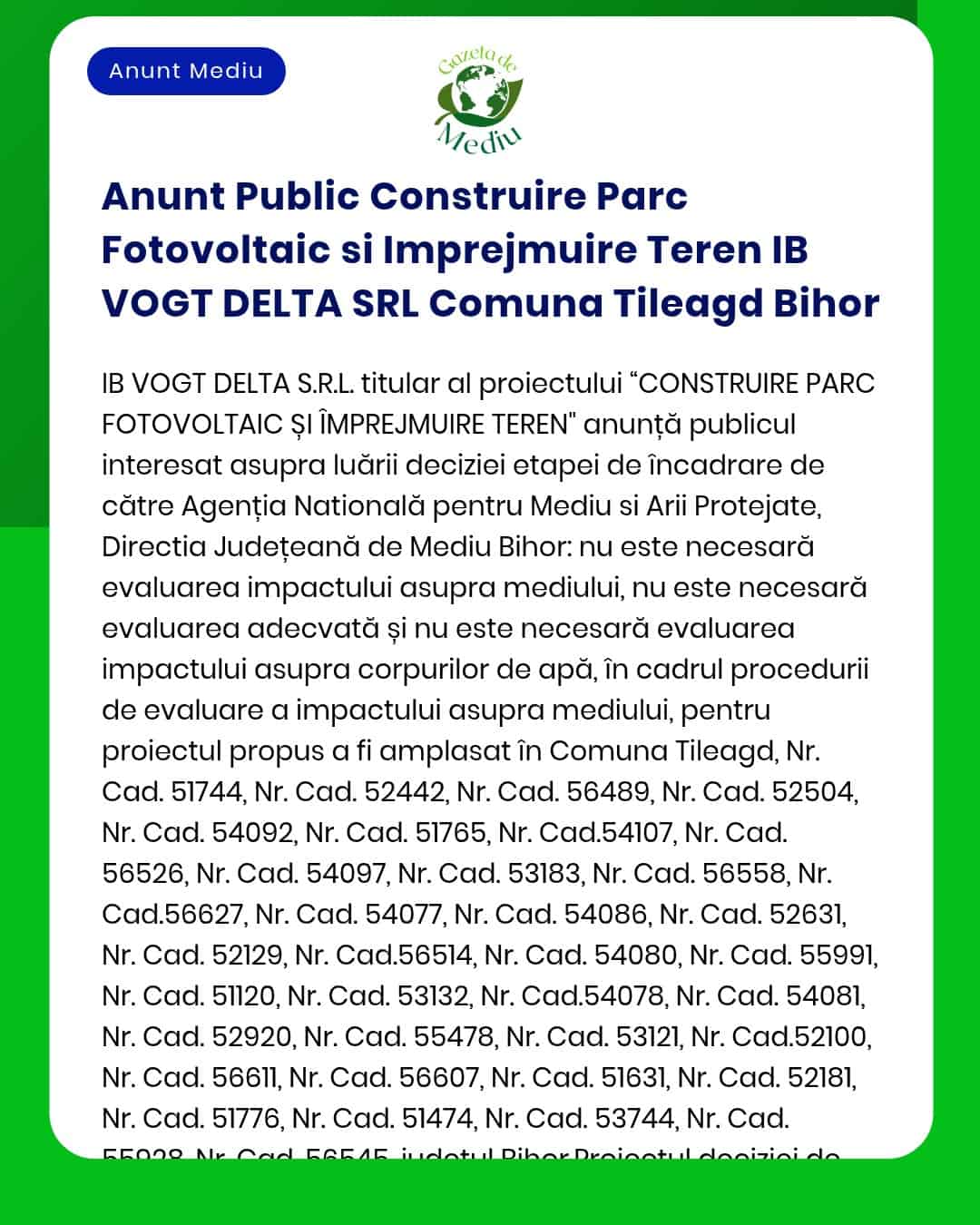 Anunt Public Construire Parc Fotovoltaic si Imprejmuire Teren IB VOGT