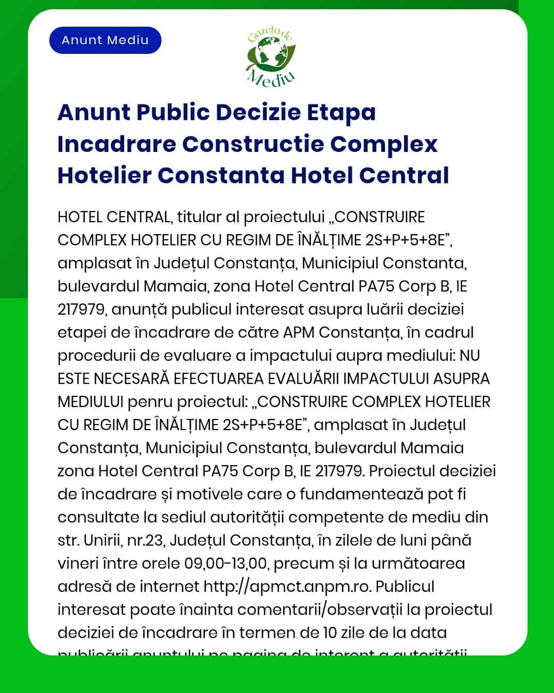 Anunt Public Decizie Etapa Incadrare Constructie Complex Hotelier Cons