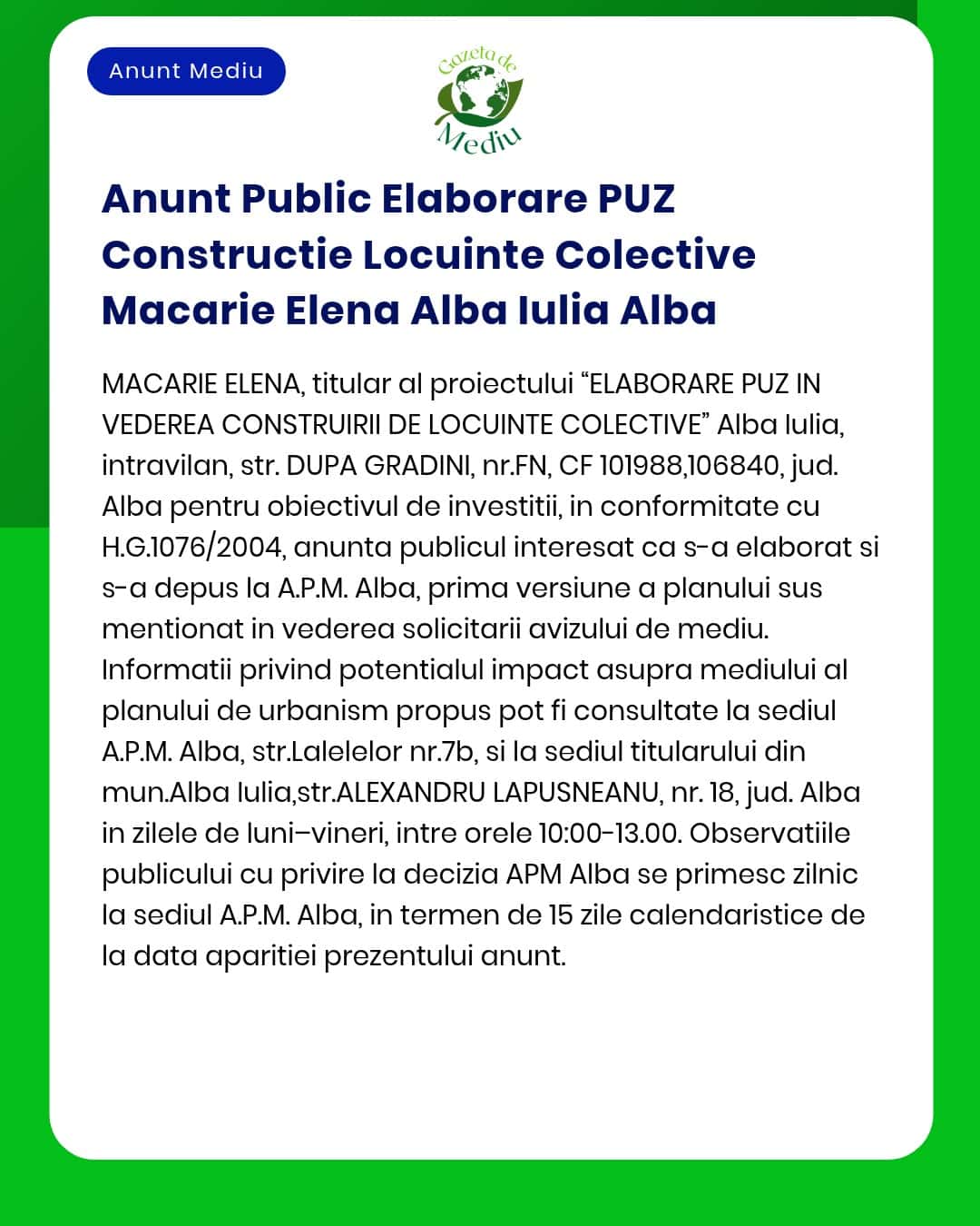 Anunt Public Elaborare PUZ Constructie Locuinte Colective Macarie Elen