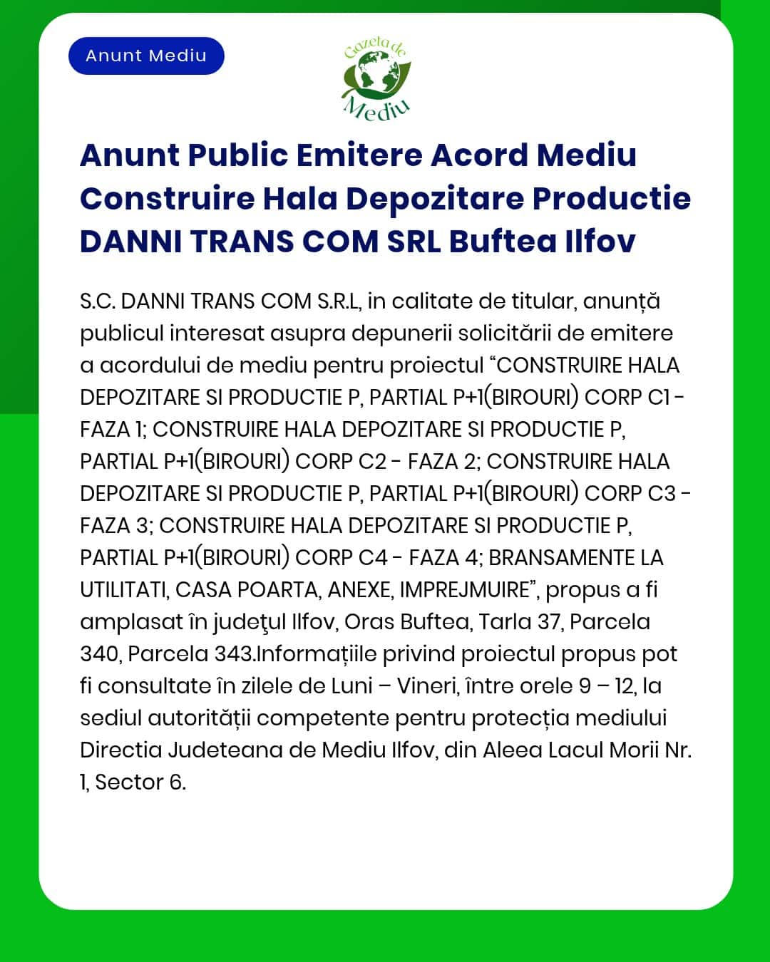 Anunt Public Emitere Acord Mediu Construire Hala Depozitare Productie