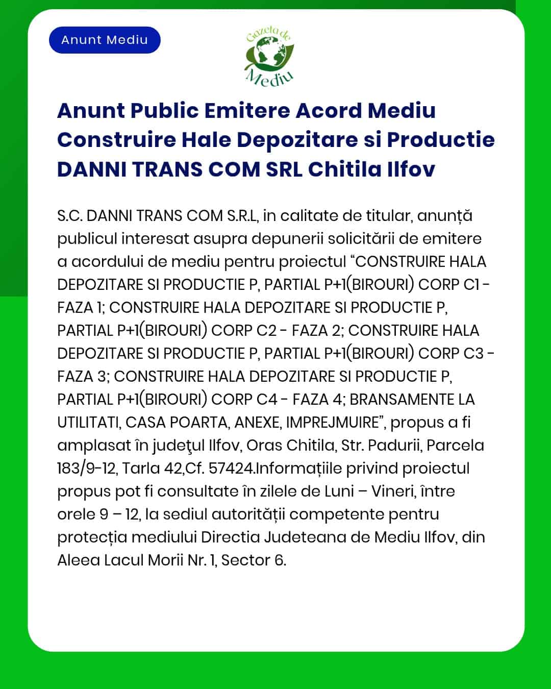 Anunt Public Emitere Acord Mediu Construire Hale Depozitare si Product