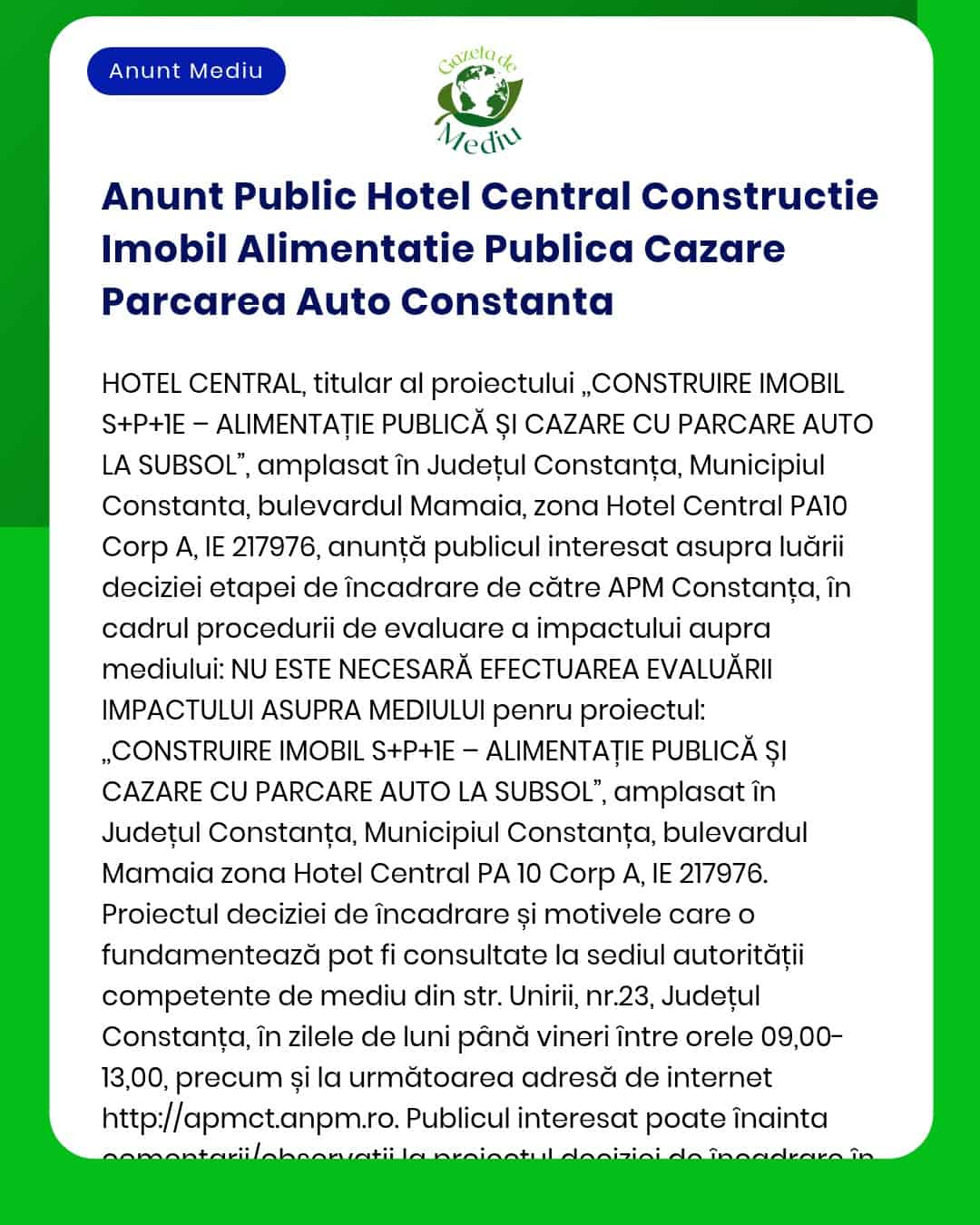 Anunt Public Hotel Central Constructie Imobil Alimentatie Publica Caza