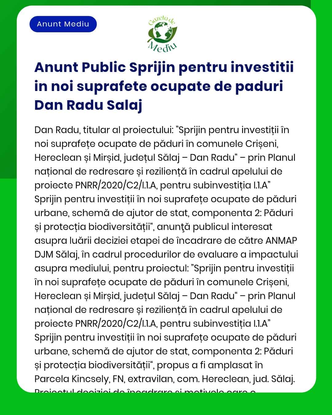 Anunt Public Sprijin pentru investitii in noi suprafete ocupate de pad