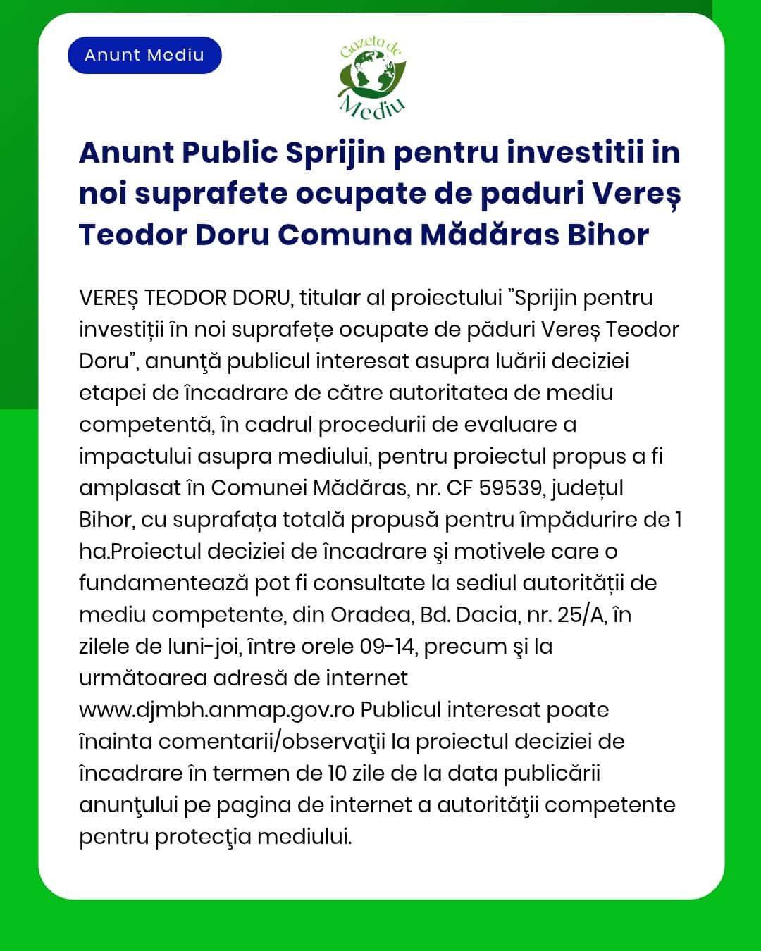 Anunt Public Sprijin pentru investitii in noi suprafete ocupate de pad