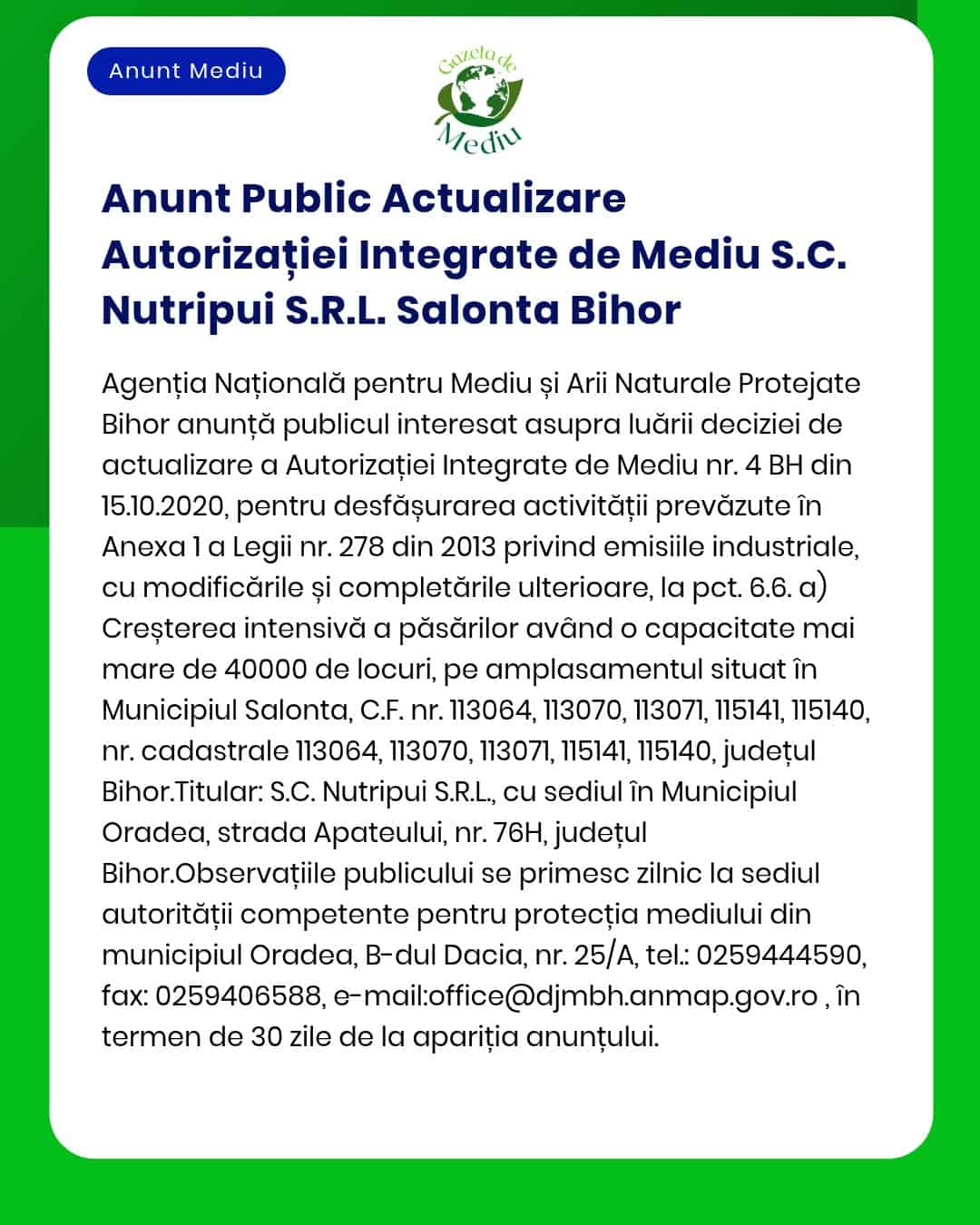 APM anunță actualizarea Autorizației Integrate de Mediu pentru SC Nutripui SRL Salonta