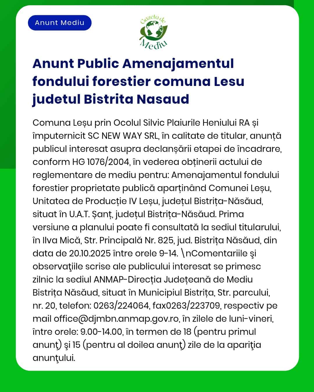 Anunț despre amenajamentul fondului forestier pentru comuna Lesu județul Bistrița-Năsăud