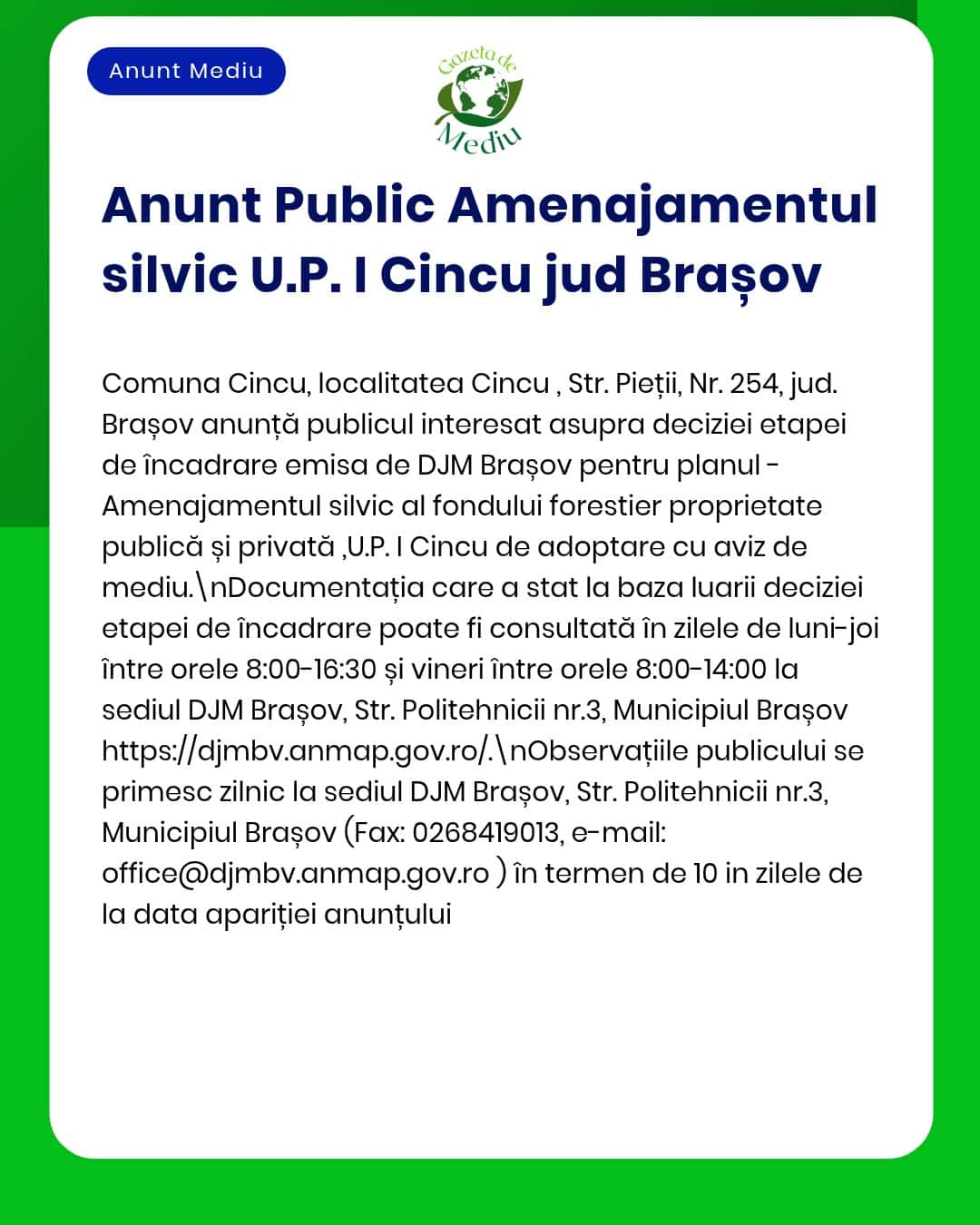 Amenajament silvic pentru fondul forestier proprietate publică UP I Cincu Brașov