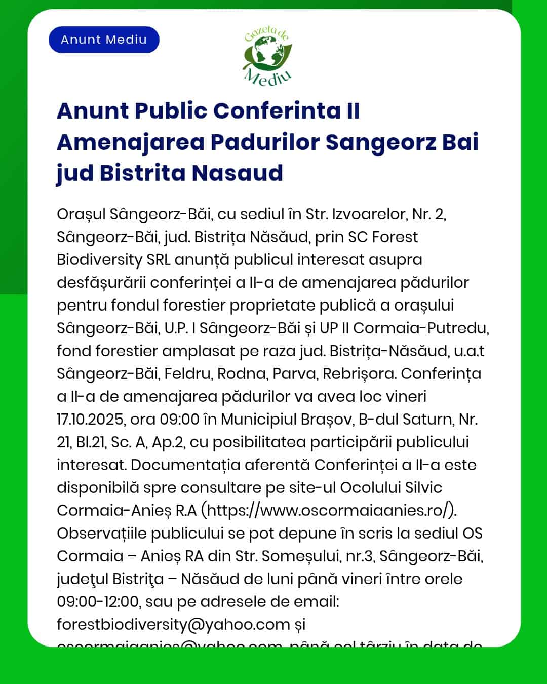 Conferință privind prevenirea incendiilor de pădure în Sângeorz-Băi Bistrița Năsăud organizată de SC Forest Biodiversity SRL cu reprezentanți silvici locali