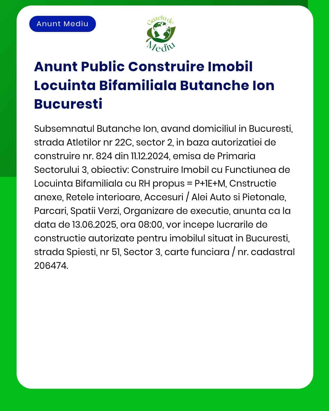 Construirea unei clădiri cu funcțiuni rezidențiale și comerciale în București cu prezentarea obiectivelor proiectului a amplasamentului și datelor evenimentului informativ public conform APM