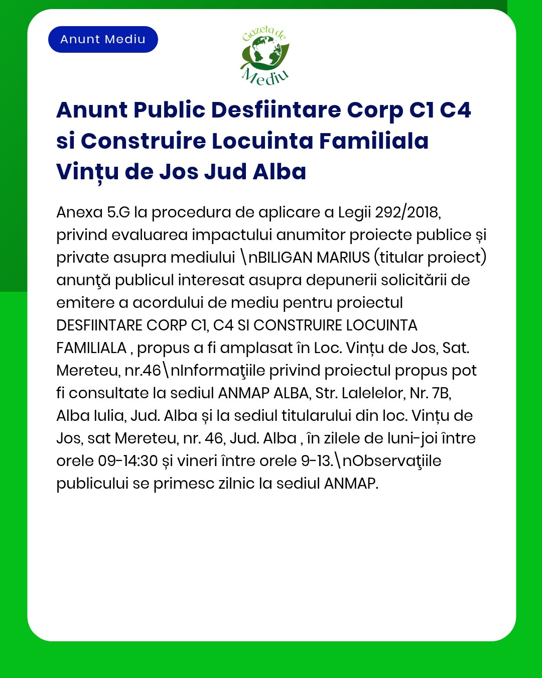 Anunț privind acordul de mediu pentru proiectul 'Construire Locuinta Familiala' în Vintu de Jos județul Alba