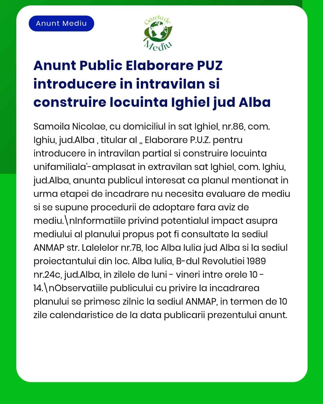 Anunț privind introducerea și construirea de zonă rezidențiale în intravilanul localității Ighiel județul Alba cu referințe procedurale și legale