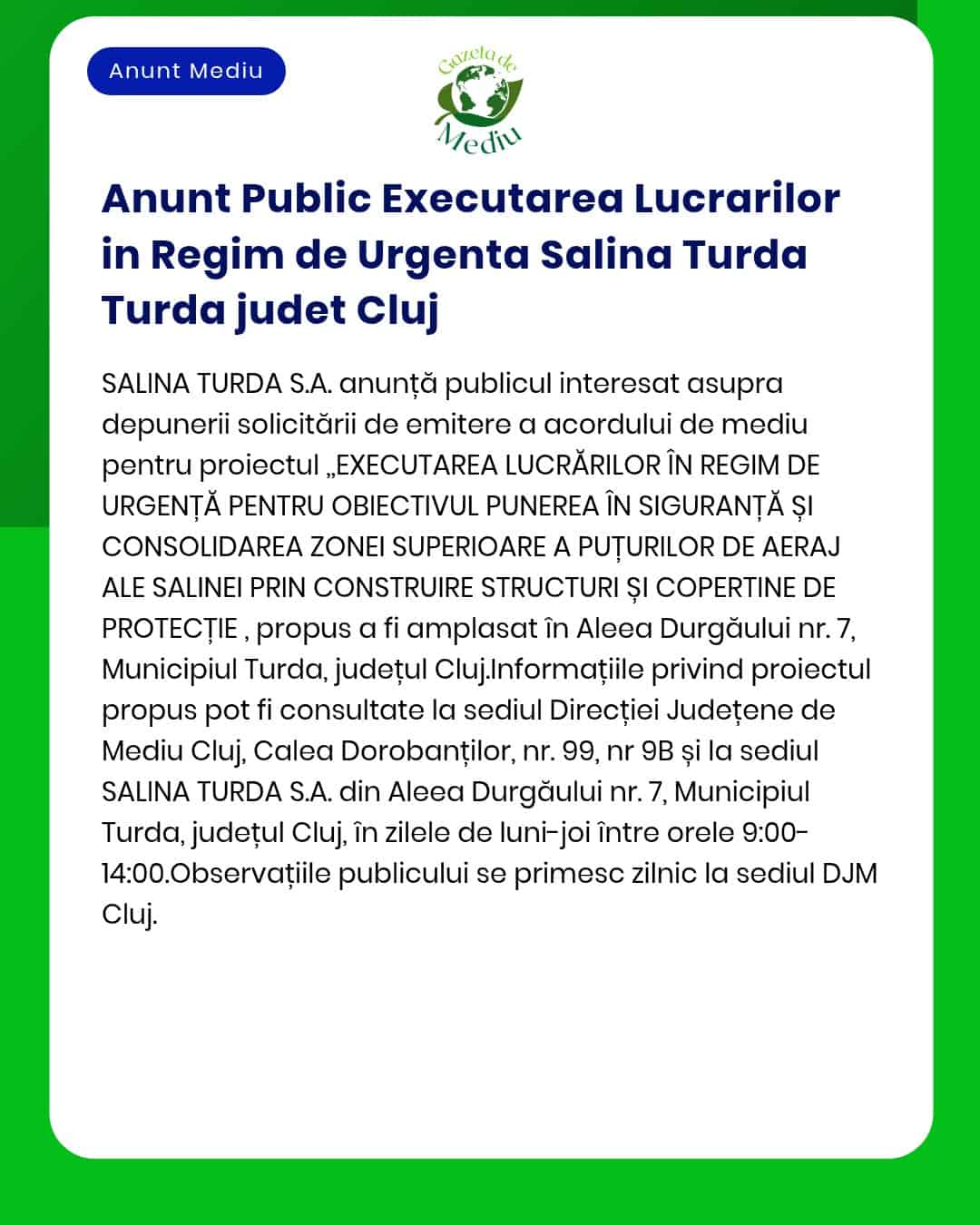 Lucrări de mentenanță urgentă la Salina Turda județul Cluj