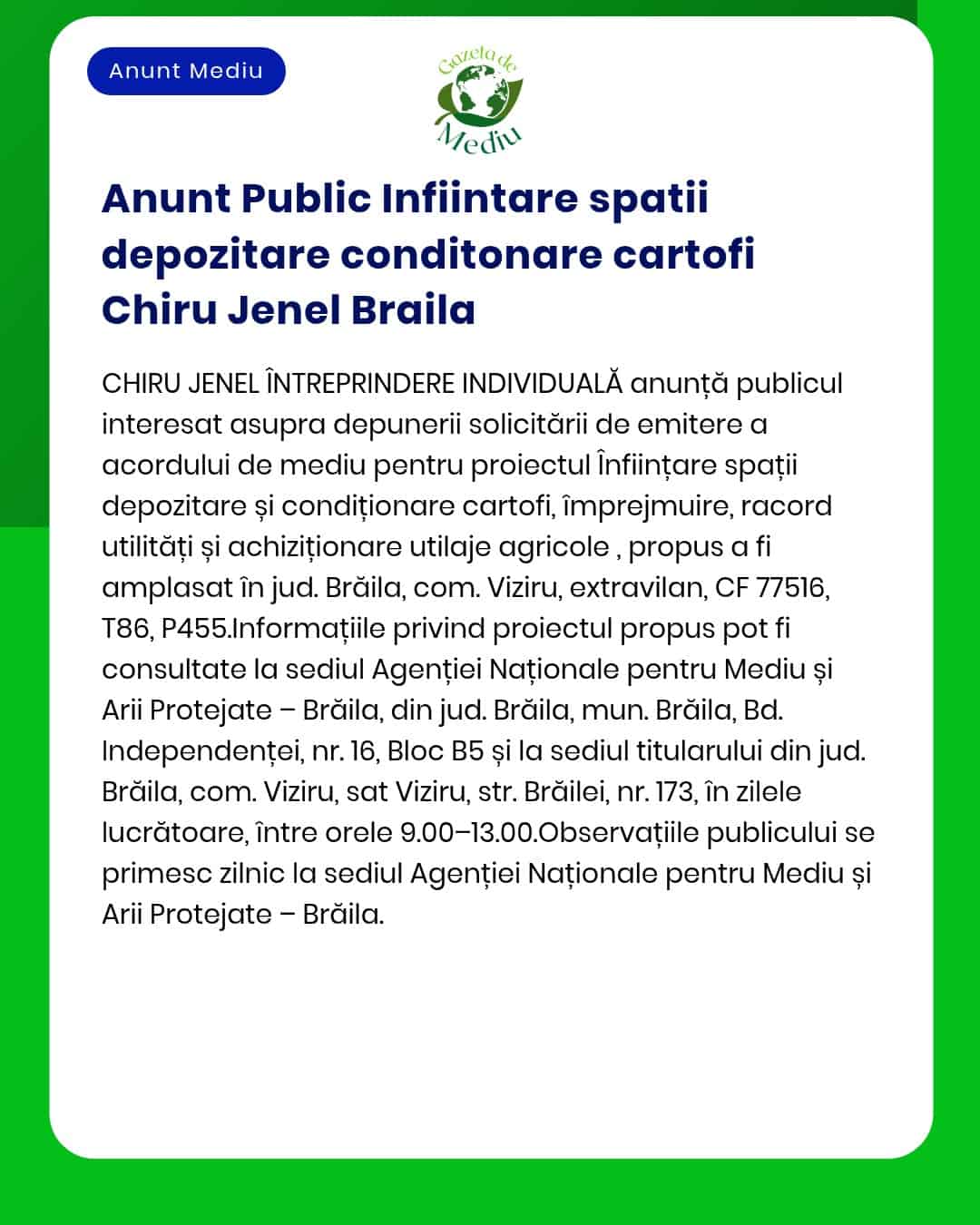 Anunț privind înființarea unor spații de depozitare și condiționare de către Chiru Jenel în Brăila