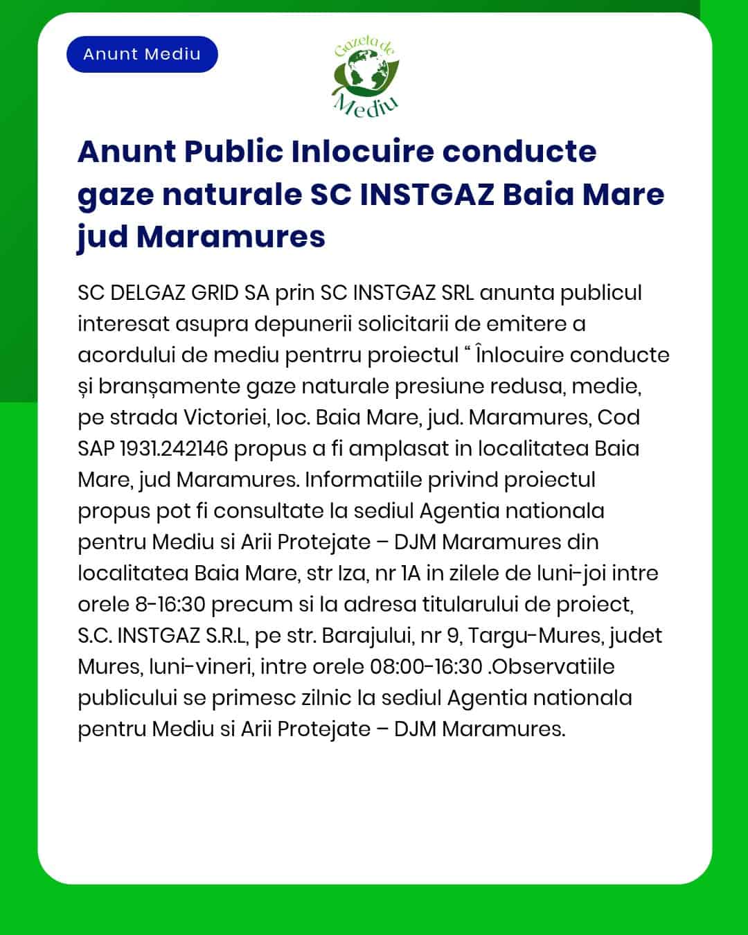 Înlocuire branșamente gaze naturale la imobile situate pe strada Victoriei