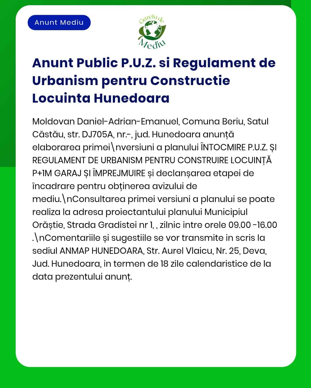 PUZ și reglementări pentru construirea locuințe în Hunedoara