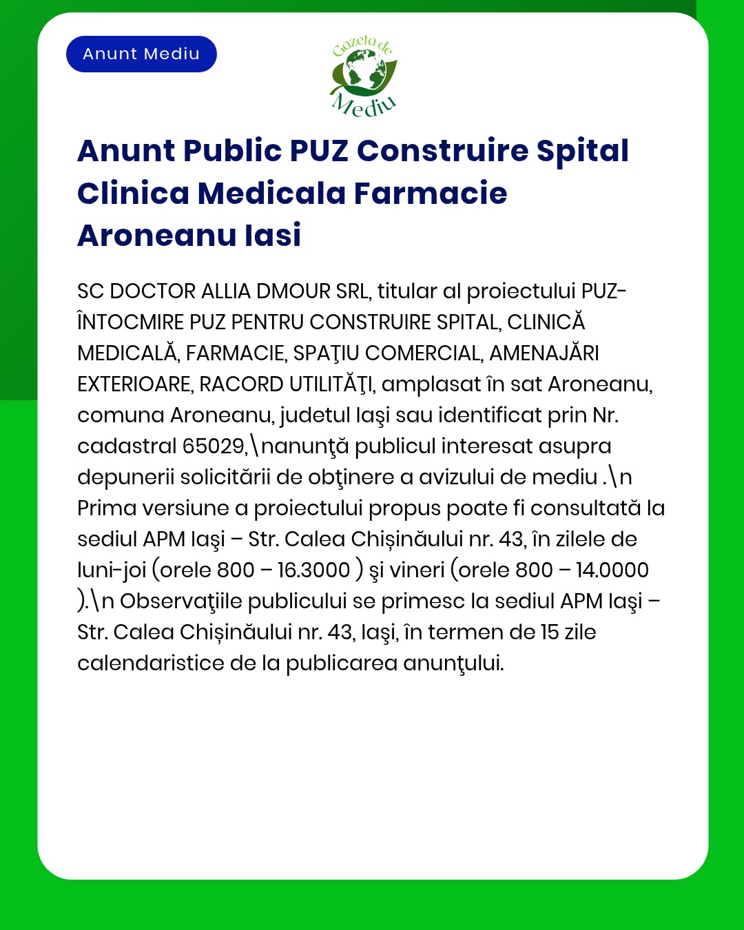 Construire spital farmacie și spații comerciale în Aroneanu Iași