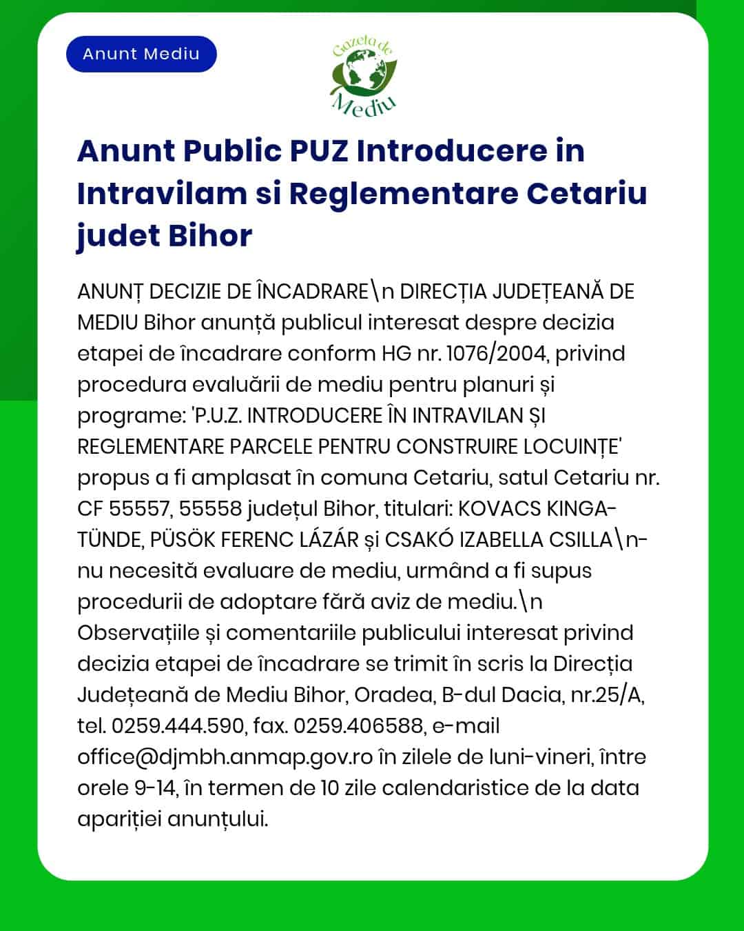 APM Bihor anunță demararea procedurii pentru un proiect de construire locuințe în Cetariu