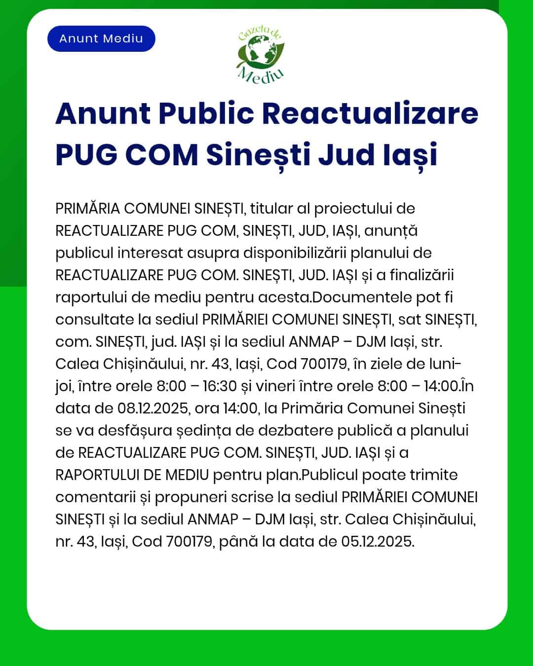 APM anunță depunerea raportului privind impactul asupra mediului pentru reactivarea Planului Urbanistic al comunei Sinești