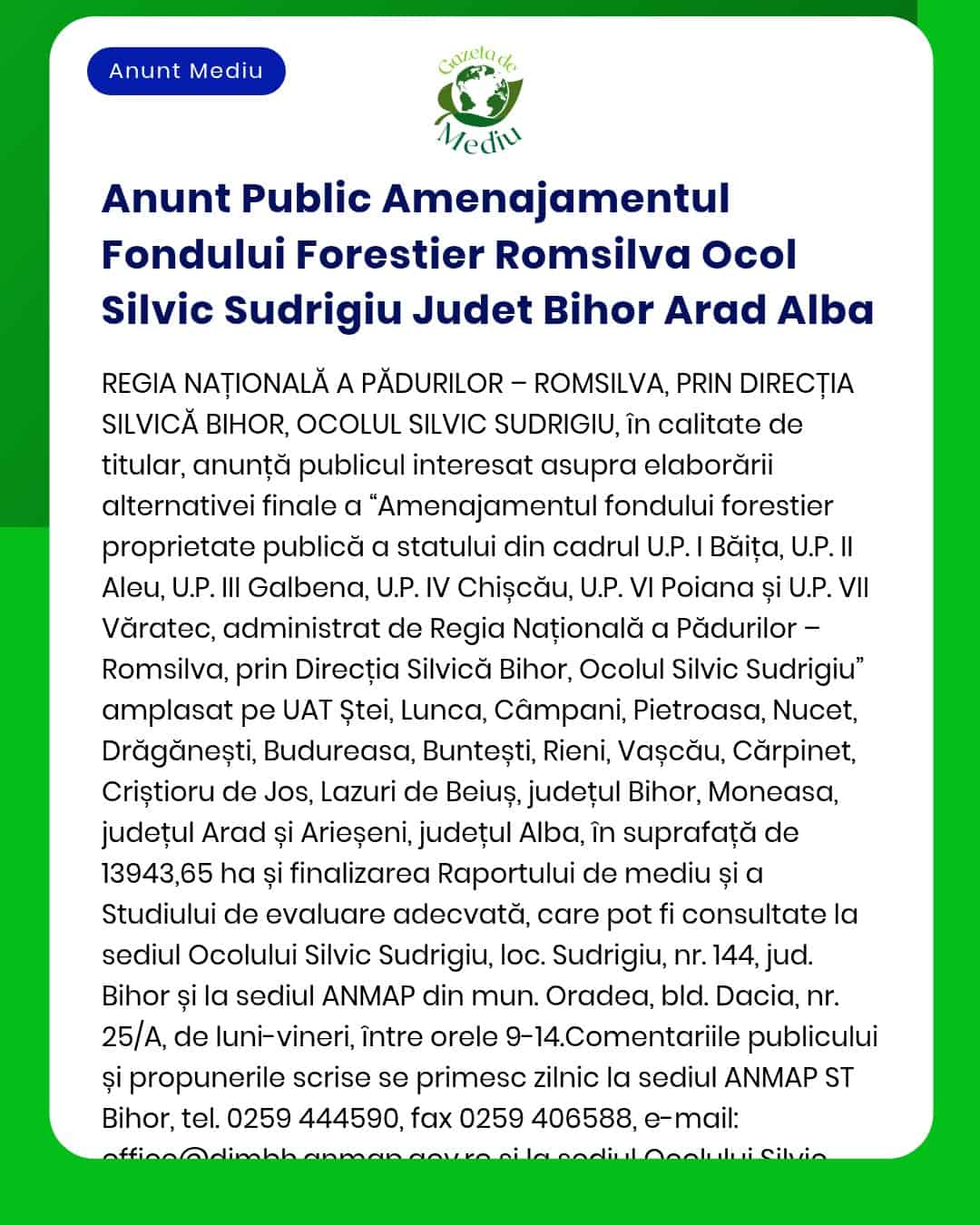 Anunt Public Amenajamentul Fondului Forestier Romsilva Ocol Silvic Sud