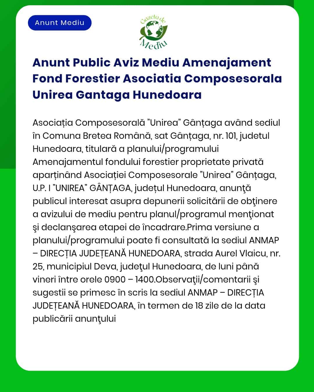 Anunt Public Aviz Mediu Amenajament Fond Forestier Asociatia Composeso