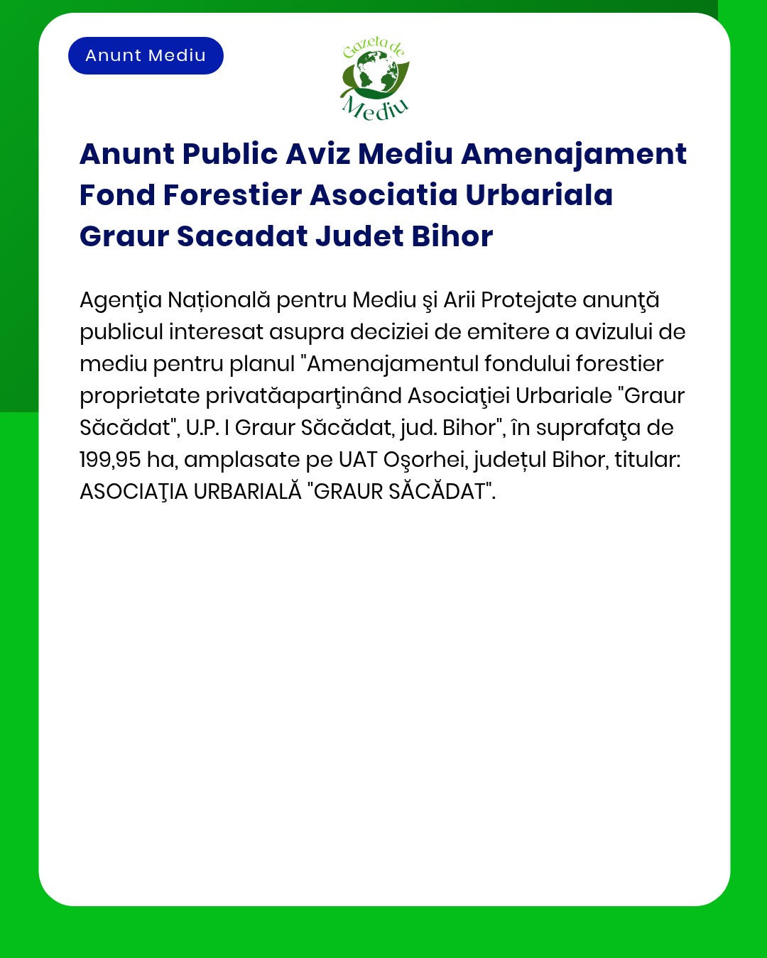 Anunt Public Aviz Mediu Amenajament Fond Forestier Asociatia Urbariala