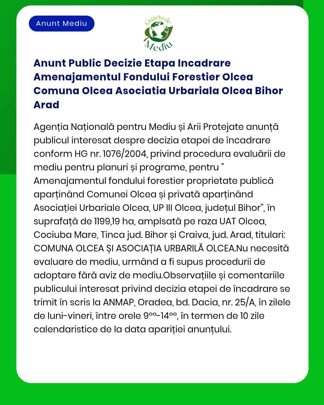Anunt Public Decizie Etapa Incadrare Amenajamentul Fondului Forestier