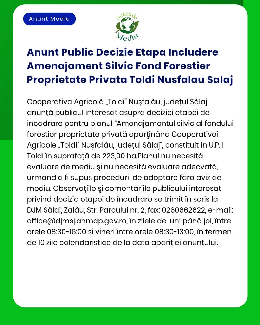 Anunt Public Decizie Etapa Includere Amenajament Silvic Fond Forestier