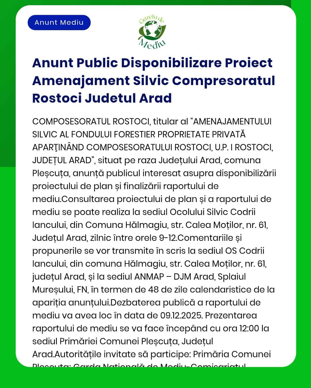 Anunt Public Disponibilizare Proiect Amenajament Silvic Compresoratul