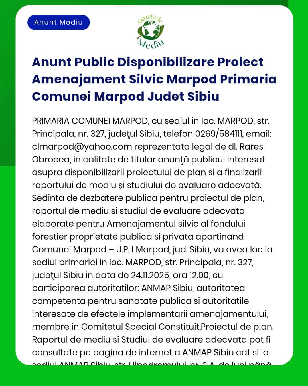 Anunt Public Disponibilizare Proiect Amenajament Silvic Marpod Primari