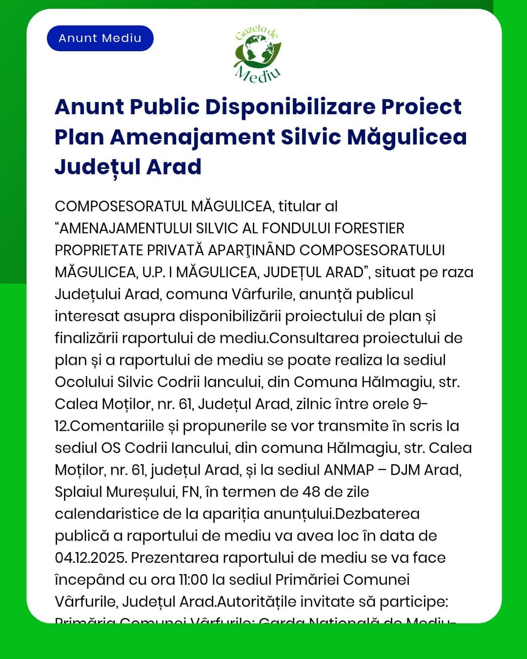 Anunt Public Disponibilizare Proiect Plan Amenajament Silvic Măgulicea