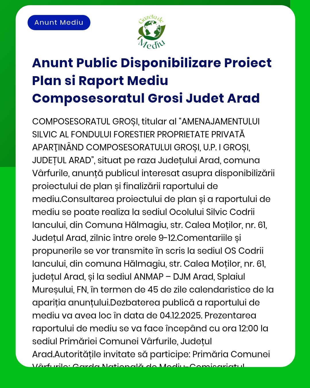 Anunt Public Disponibilizare Proiect Plan si Raport Mediu Composesorat