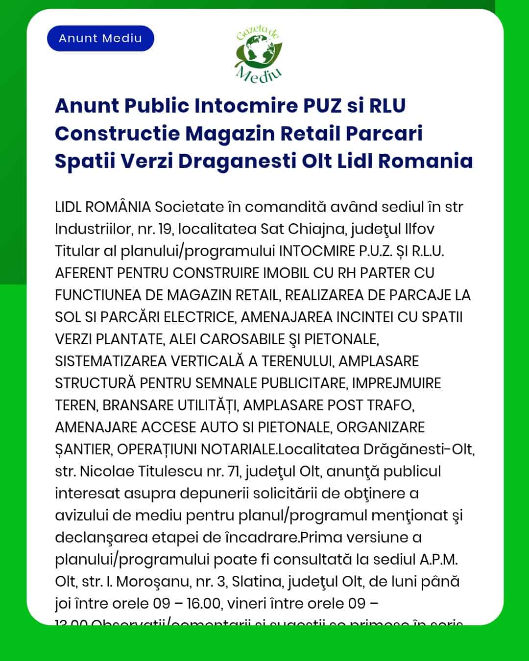 Anunt Public Intocmire PUZ si RLU Constructie Magazin Retail Parcari S