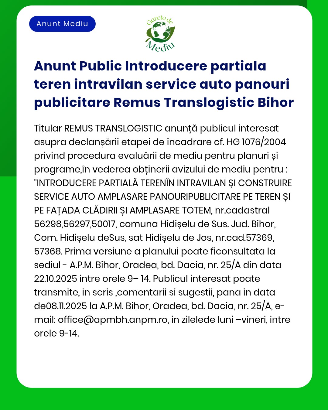 Anunt Public Introducere partiala teren intravilan service auto panour