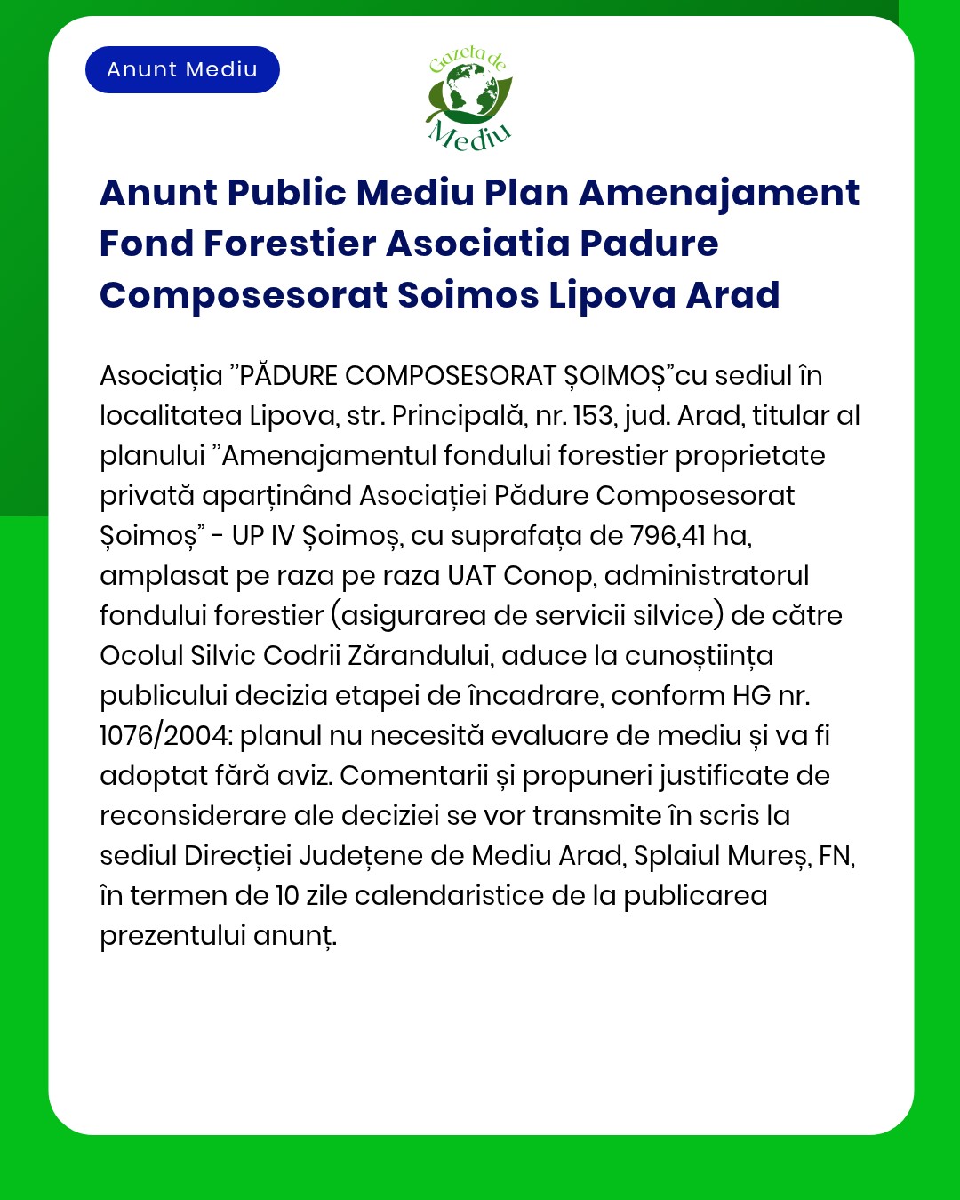 Anunt Public Mediu Plan Amenajament Fond Forestier Asociatia Padure Co